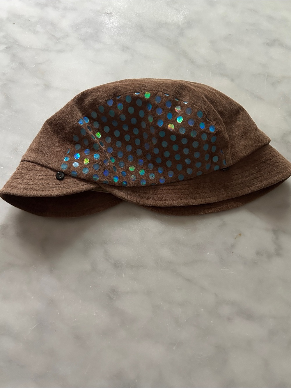 Authentic 90’s Yuko Shirakura Suede Bucket Hat with Holographic Polka Dots